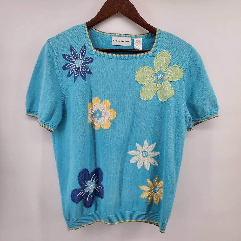 Alfred Dunner Blue Floral Applique Beaded Knit Short Sleeve Sweater Size S